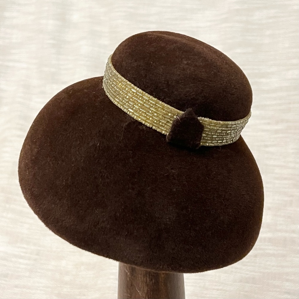 Vintage Jan Leslie Brown and Gold Beaded Felt Hat